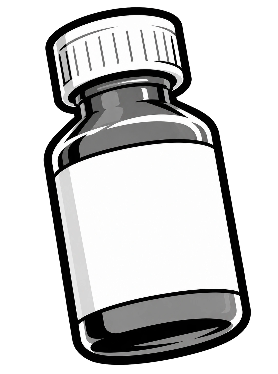 The mascot’s pill bottle with a ribbed cap and plain label